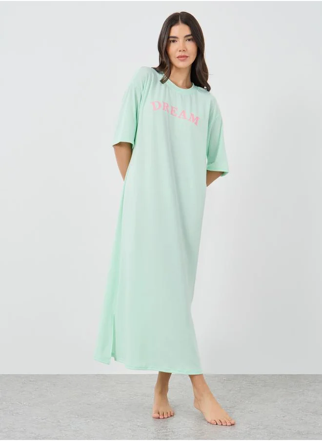 تايك تو Take Two Slogan Print Short Sleeve Midi Nightdress