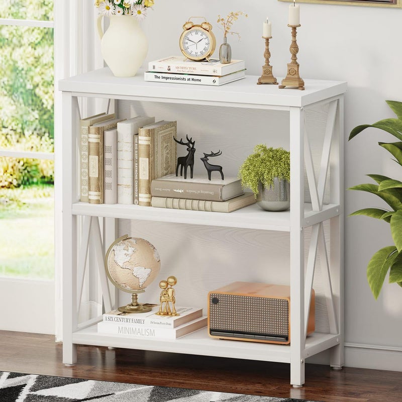 FATORRI FATORRI Small Bookshelf for Small Space Short Rustic Low Bookcase Modern Wood and Metal Book Shelf and Book Case for Living Room Hallway White Oak