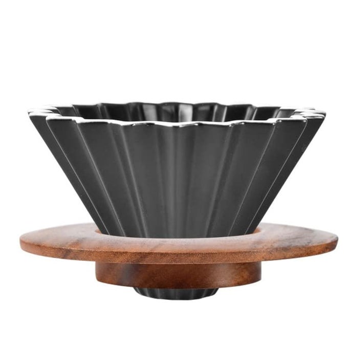 CERAMIC COFFEE DRIPPER POUR OVER COFFEE MAKER WITH WOOD STAND ELEGANT FLOWER SHAPE V60 FILTER BLACK