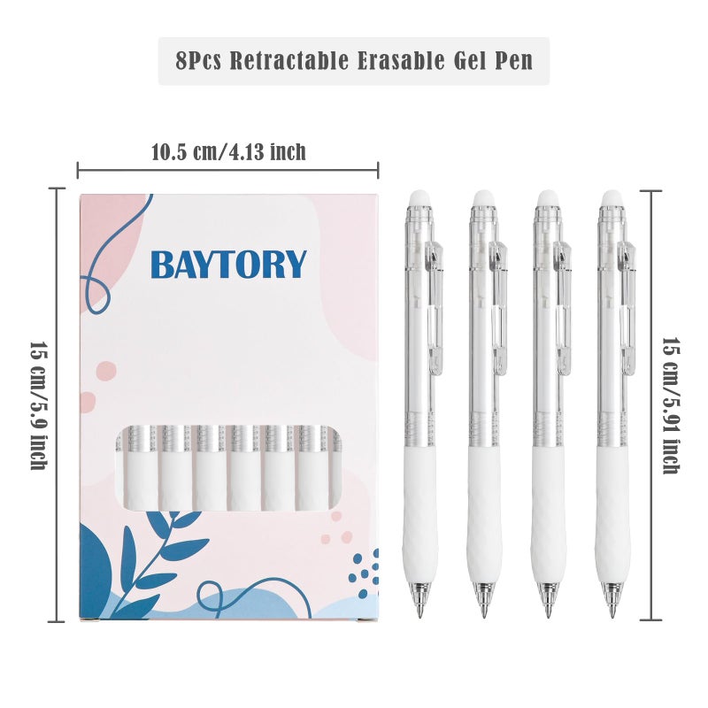 BAYTORY أقلام جيل قابلة للمسح 8 قطع من بايتوري، قلم حبر أسود وأزرق قابل للسحب بسمك 0.5 مم، سهل الاستخدام ومريح لتدوين الملاحظات وتخطيط الكلمات المتقاطعة (أبيض) - Image 2