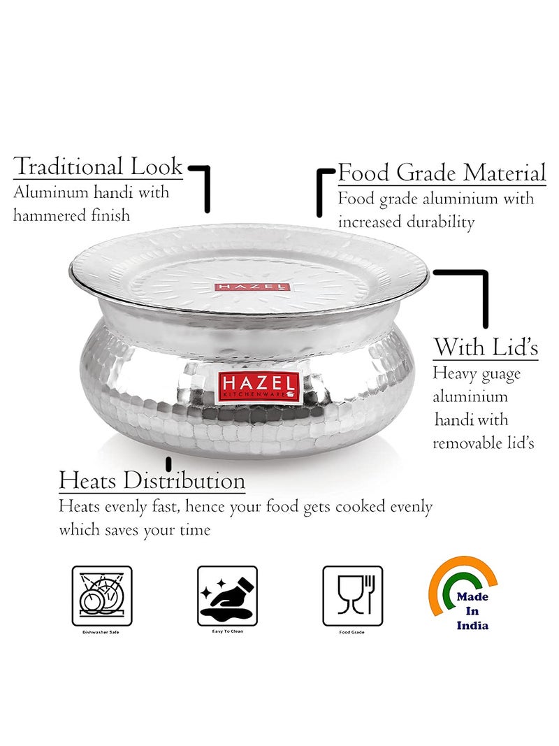 HAZEL Aluminium Hammered Finish Handi with Lid Biryani Rice Cooking Pot GOL Patiya Tope Patila Vessel, 26.5 cm, 4900 ML Silver - Image 3