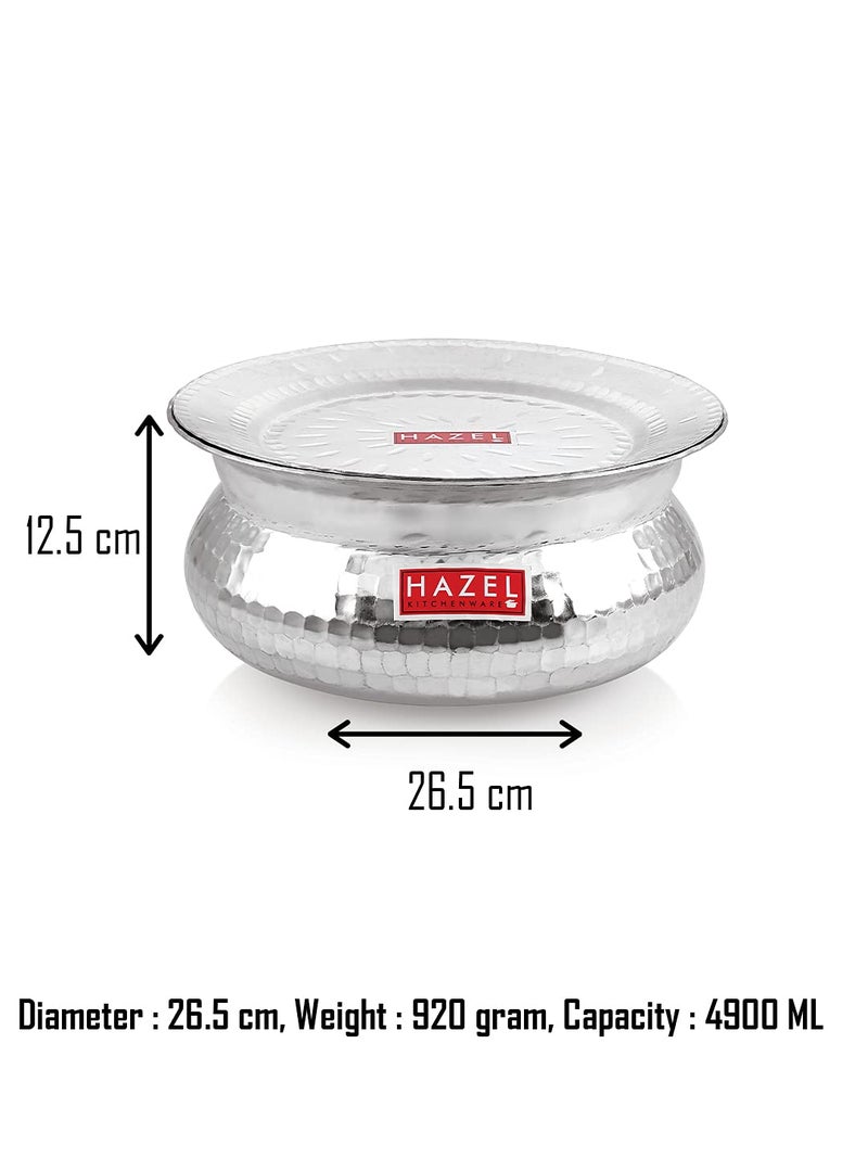 HAZEL Aluminium Hammered Finish Handi with Lid Biryani Rice Cooking Pot GOL Patiya Tope Patila Vessel, 26.5 cm, 4900 ML Silver - Image 4