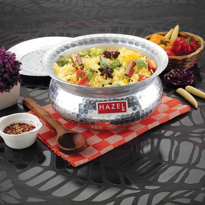 HAZEL Aluminium Hammered Finish Handi with Lid Biryani Rice Cooking Pot GOL Patiya Tope Patila Vessel, 26.5 cm, 4900 ML Silver - Image 1