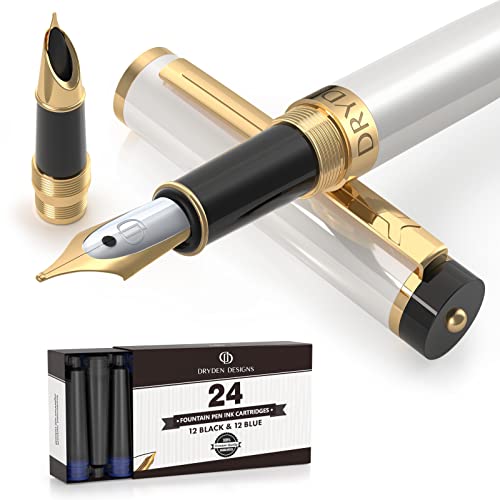 Dryden Designs Fountain Pen - Medium and Fine Nibs | Includes 24 Ink Cartridges and Ink Refill Converter | Calligraphy Pen, Consistent Writing, Smooth Flow - Pearl White. - Image 1