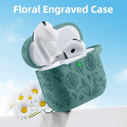 DAQIN for Airpods 4 Case, DaQin Flower Engraved Case Compatible with Apple Airpods 4th Generation Cases for Women, Cute Soft Silicone Full Protective Cases Cover with Cleaner Kit & Keychain, PineGreen - Image 2
