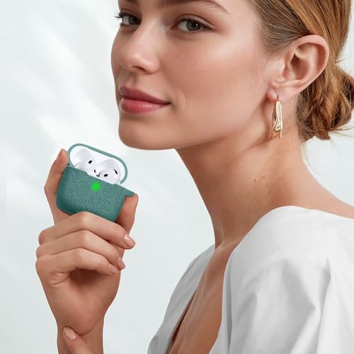 DAQIN for Airpods 4 Case, DaQin Flower Engraved Case Compatible with Apple Airpods 4th Generation Cases for Women, Cute Soft Silicone Full Protective Cases Cover with Cleaner Kit & Keychain, PineGreen - Image 3