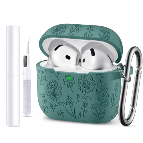 DAQIN for Airpods 4 Case, DaQin Flower Engraved Case Compatible with Apple Airpods 4th Generation Cases for Women, Cute Soft Silicone Full Protective Cases Cover with Cleaner Kit & Keychain, PineGreen - Image 1