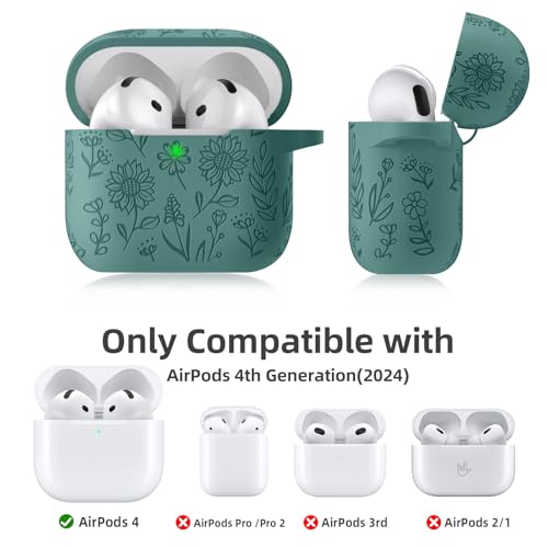 DAQIN for Airpods 4 Case, DaQin Flower Engraved Case Compatible with Apple Airpods 4th Generation Cases for Women, Cute Soft Silicone Full Protective Cases Cover with Cleaner Kit & Keychain, PineGreen - Image 5