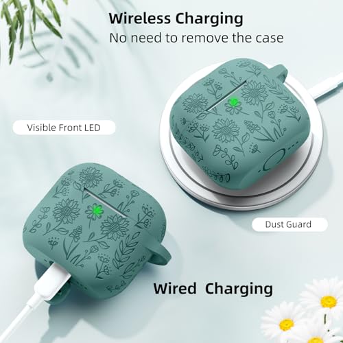 DAQIN for Airpods 4 Case, DaQin Flower Engraved Case Compatible with Apple Airpods 4th Generation Cases for Women, Cute Soft Silicone Full Protective Cases Cover with Cleaner Kit & Keychain, PineGreen - Image 4
