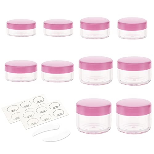 ZEJIA 10pcs Small Travel Containers, Pink Sample Containers with Screw Lids, 5 Size 3/5/10/15/20 Gram Sample Jars with 12pcs Labels and 2pcs Mini Disposable Spatula, Makeup Sample Containers BPA Free - Image 1