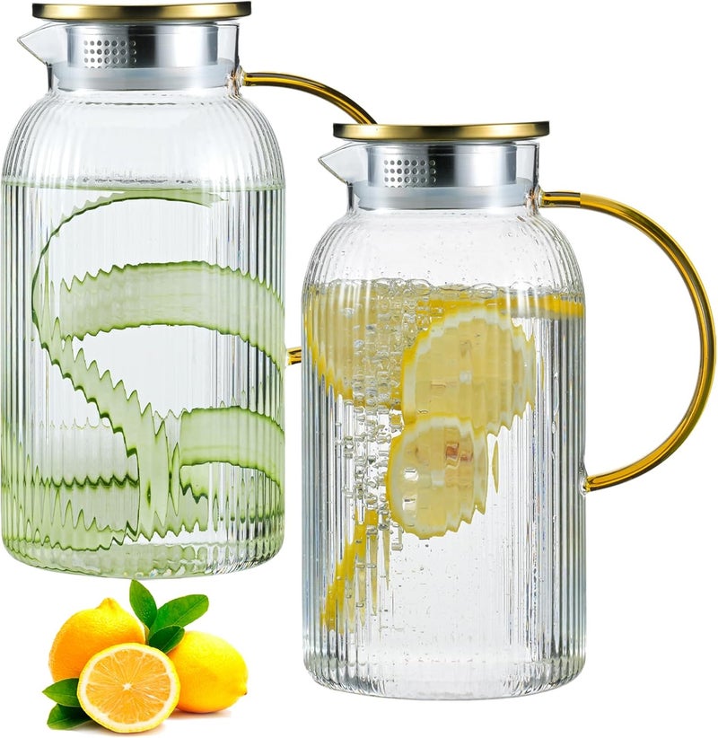 Wlasss 2 PACK Glass Pitcher with Lid and Handle,68 oz/ 2 Liter Vertical Stripes Water Pitcher,Glass Water Carafe for Fridge,Hand Blown Heat Resistant Borosilicate Water Jug for Hot/Cold Drinks,Gifts - Image 1
