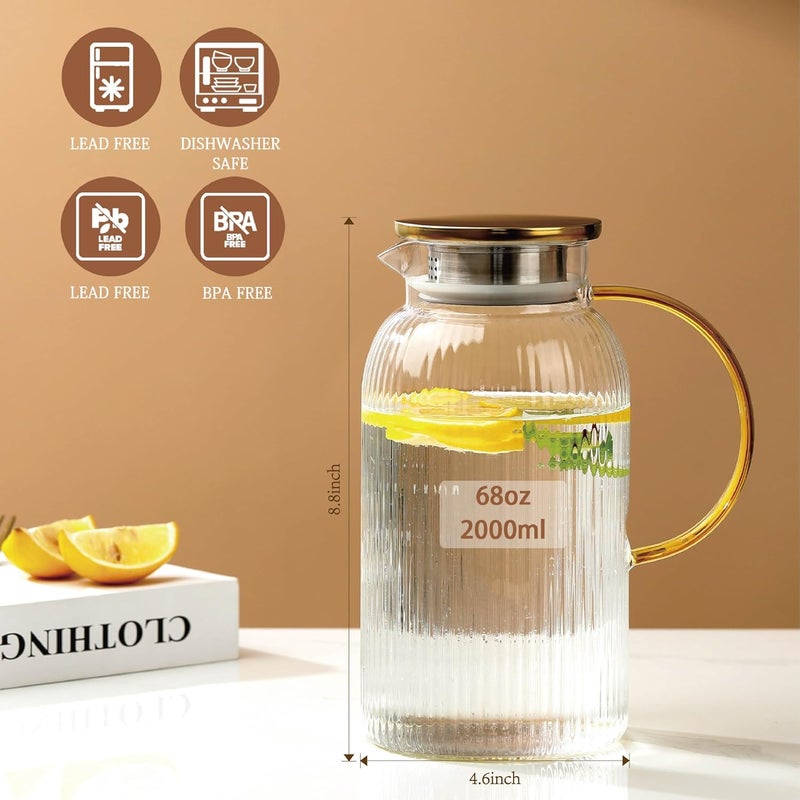 Wlasss 2 PACK Glass Pitcher with Lid and Handle,68 oz/ 2 Liter Vertical Stripes Water Pitcher,Glass Water Carafe for Fridge,Hand Blown Heat Resistant Borosilicate Water Jug for Hot/Cold Drinks,Gifts - Image 2