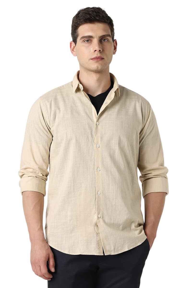Van Heusen Men Beige Textured Full Sleeves Party Shirt - Image 1