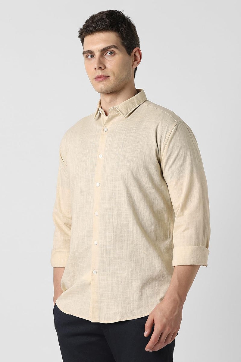 Van Heusen Men Beige Textured Full Sleeves Party Shirt - Image 2