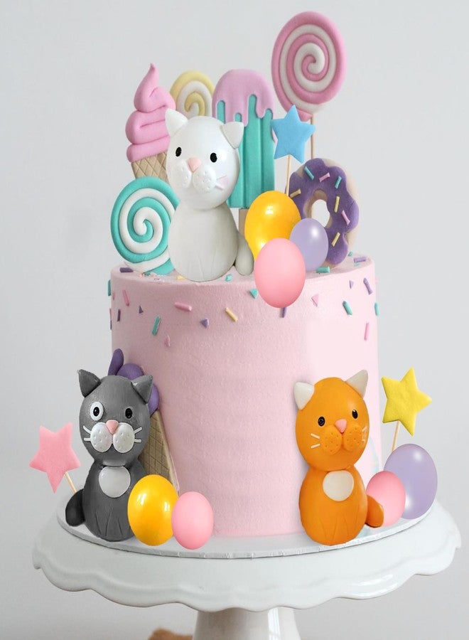 DRWATE Cat Cake Toppers Clay Figurines Yellow Pink Purple Ball Cake Decorations for Cat Theme Birthday (Style 01) - Image 3