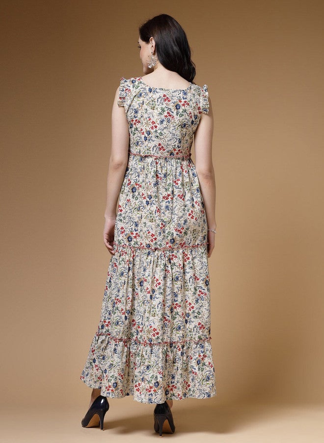 Indibelle Floral Printed Maxi Dress with Flutter Sleeves - Image 4