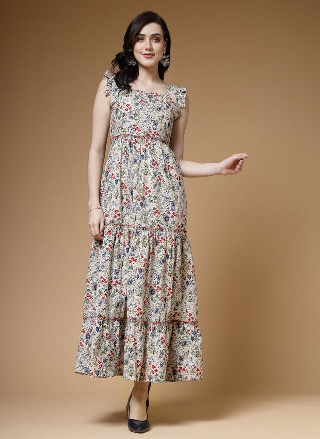 Indibelle Floral Printed Maxi Dress with Flutter Sleeves - Image 1