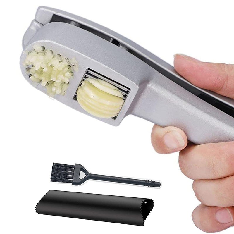 ANERONG Garlic Press 2-in-1 Mincer, Crusher and Slicer with Peeler & Brush â€“ Rustproof, Dishwasher Safe, Ergonomic Handle for Easy Squeeze and Cleaning - Image 1