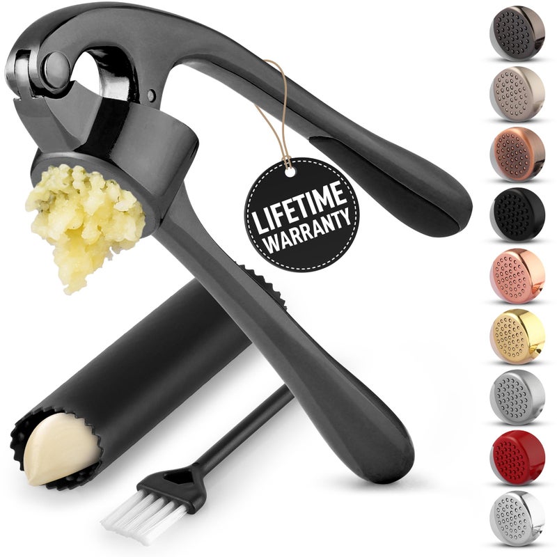 Zulay Kitchen Premium Garlic Press Set - Rust Proof Professional Garlic Mincer Tool - Easy-Squeeze, Easy-Clean with Soft, Ergonomic Handle - Silicone Garlic Peeler & Brush-Dark Gray - Image 1