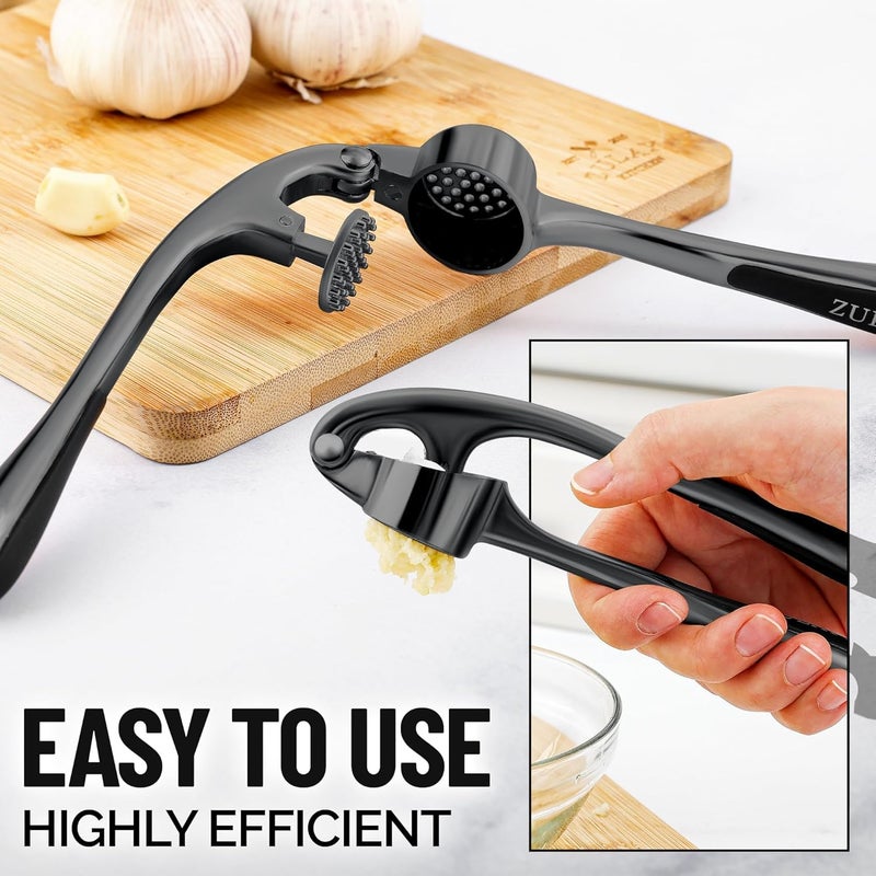 Zulay Kitchen Premium Garlic Press Set - Rust Proof Professional Garlic Mincer Tool - Easy-Squeeze, Easy-Clean with Soft, Ergonomic Handle - Silicone Garlic Peeler & Brush-Dark Gray - Image 4