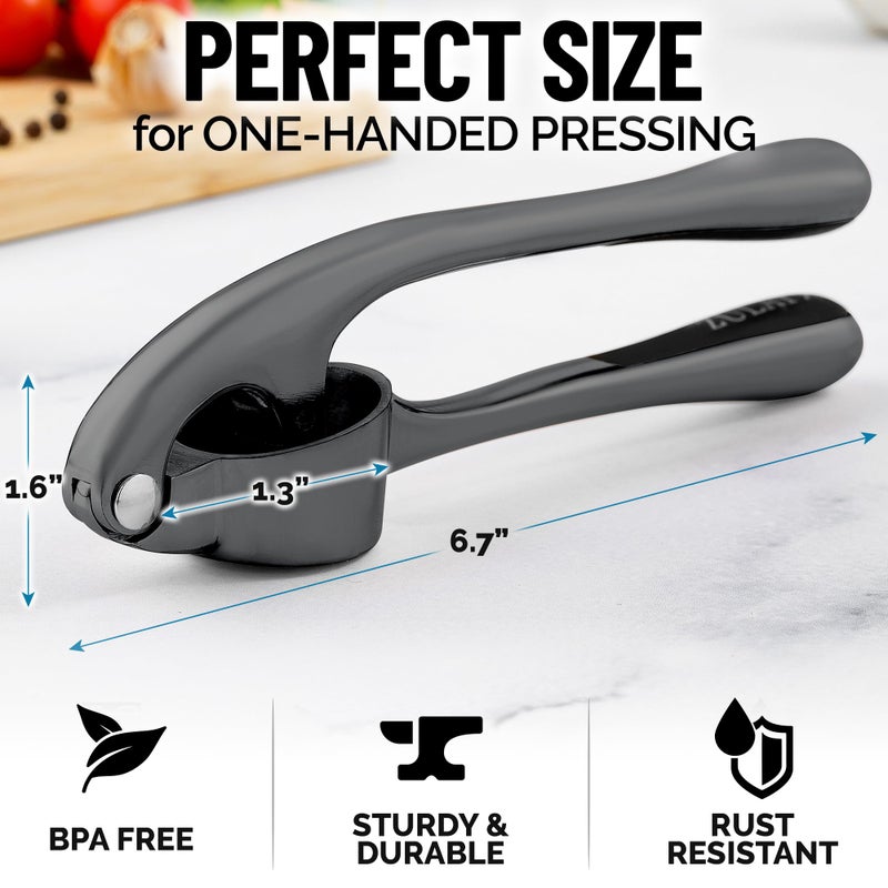 Zulay Kitchen Premium Garlic Press Set - Rust Proof Professional Garlic Mincer Tool - Easy-Squeeze, Easy-Clean with Soft, Ergonomic Handle - Silicone Garlic Peeler & Brush-Dark Gray - Image 2