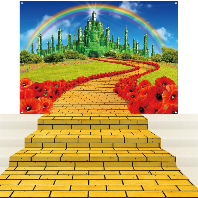 Jectivs 4Pack Yellow Brick Road Runner and Emerald Castle Backdrop for Wizard Party Decorations,Yellow Brick Stone Road Leading Emerald Castle Rainbow Background for Photography Halloween Princess Party Decor - Image 1