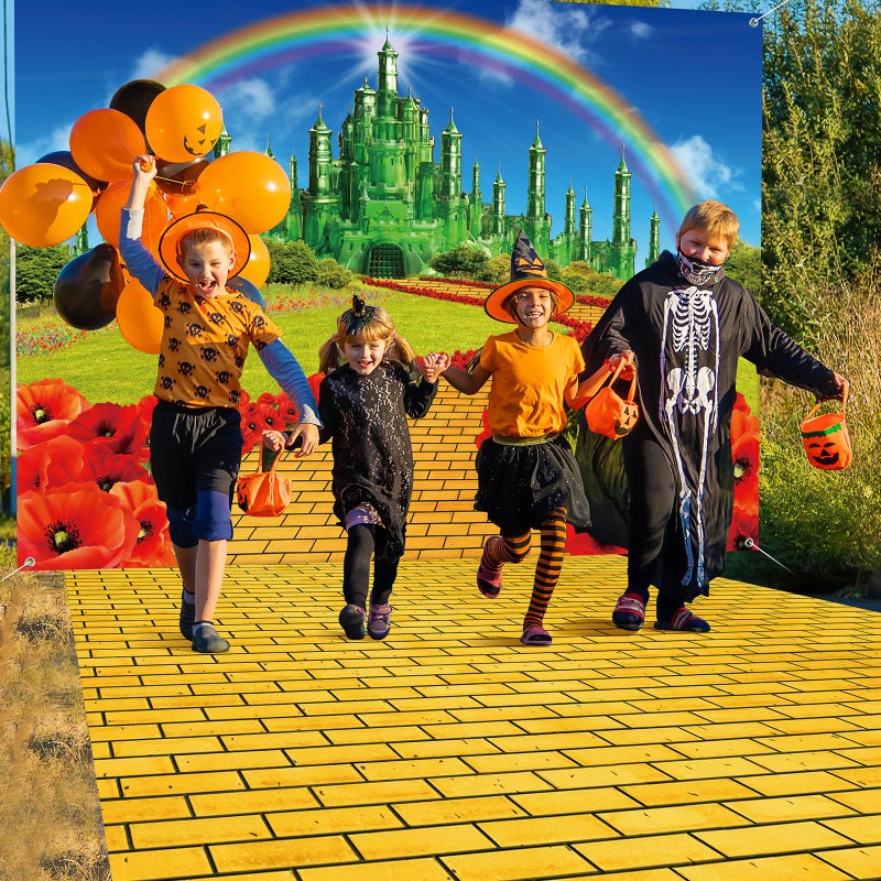 Jectivs 4Pack Yellow Brick Road Runner and Emerald Castle Backdrop for Wizard Party Decorations,Yellow Brick Stone Road Leading Emerald Castle Rainbow Background for Photography Halloween Princess Party Decor - Image 4