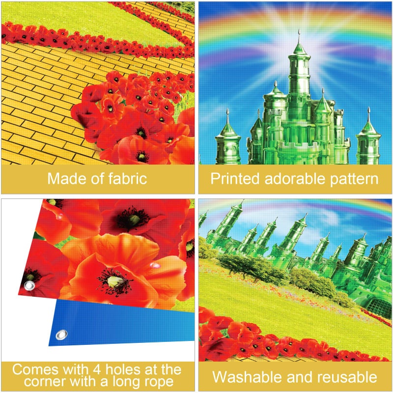 Jectivs 4Pack Yellow Brick Road Runner and Emerald Castle Backdrop for Wizard Party Decorations,Yellow Brick Stone Road Leading Emerald Castle Rainbow Background for Photography Halloween Princess Party Decor - Image 3