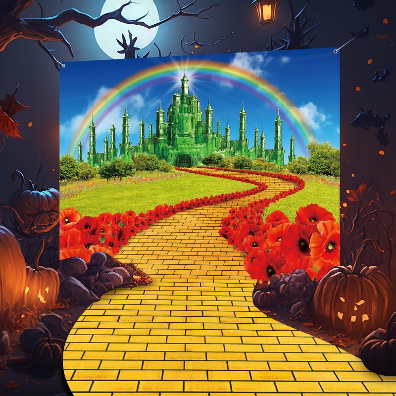 Jectivs 4Pack Yellow Brick Road Runner and Emerald Castle Backdrop for Wizard Party Decorations,Yellow Brick Stone Road Leading Emerald Castle Rainbow Background for Photography Halloween Princess Party Decor - Image 5