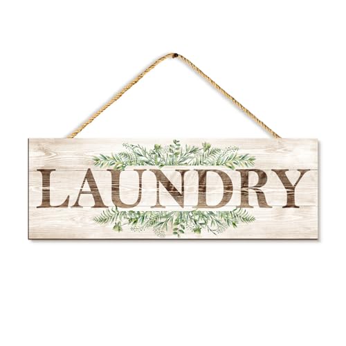 VGICH Laundry Sign Wall Decor, Laundry Wall Art with Plant Print, Rustic Farmhouse Wall Hanging Wooden Plaque for Home Decorative (Laundry), 4.7 x 13.7 inches - Image 1