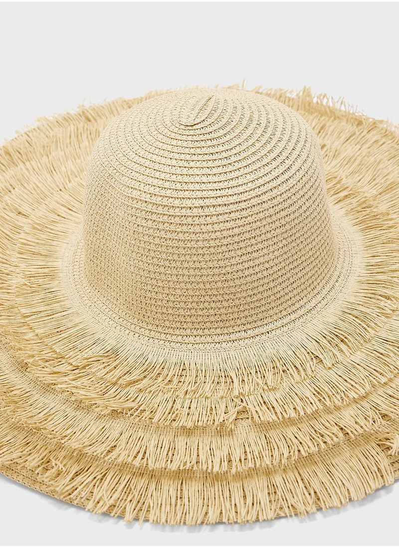 ELLA Wide Brim Frayed Edge Straw Hat