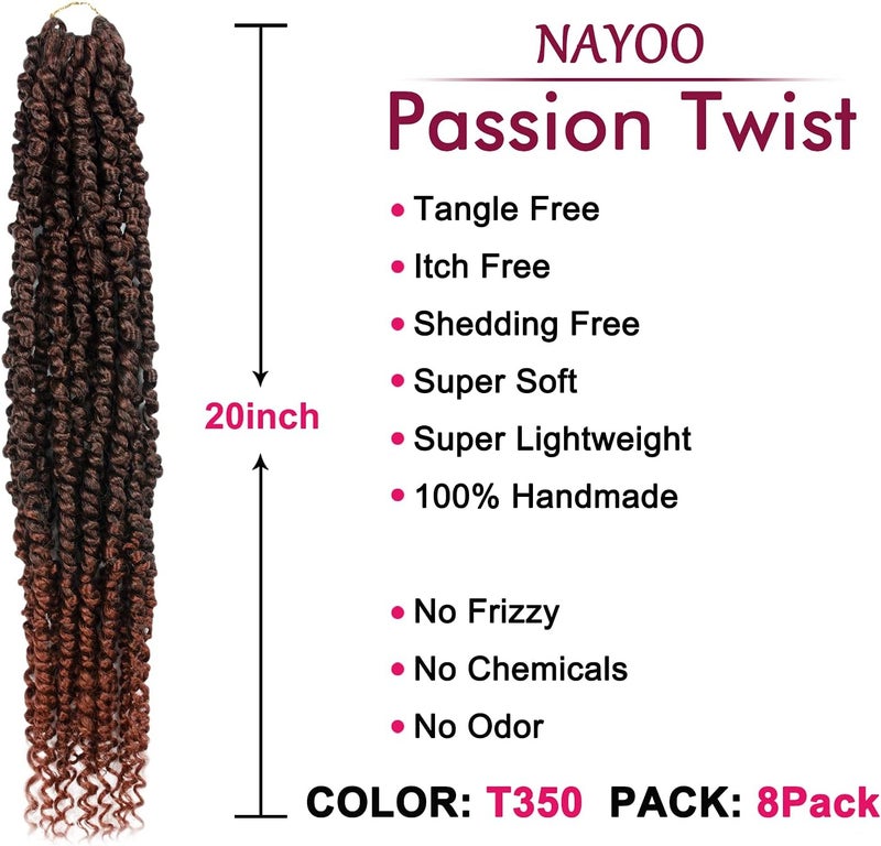 NAYOO Passion Twist Hair - 8 Packs 20 Inch Passion Twist Crochet Hair For Women, Crochet Pretwisted Curly Hair Passion Twists Synthetic Braiding Hair Extensions (20 Inch 8 Packs, T350) - Image 2