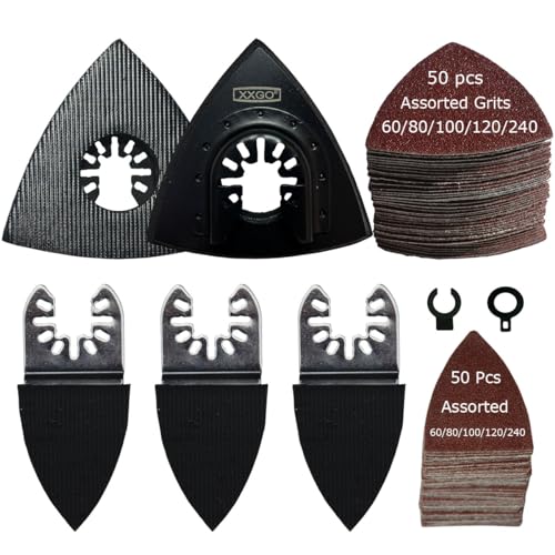 XXGO Oscillating Multi Tool Sanding Kit 105 Pcs Including Triangle Finger Sanding Pads 100 Pcs Multi Tool Sandpaper for Wood