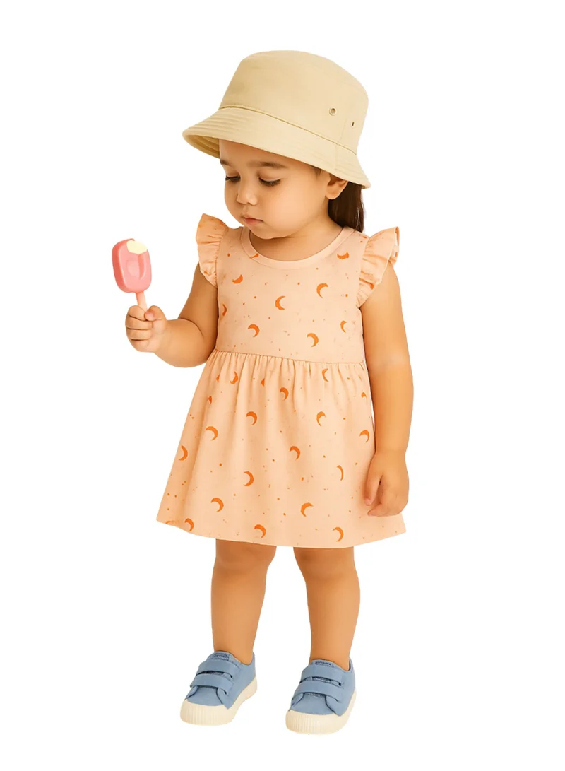 لؤي Girls Bamboo based Ultra-Soft fabric Dress with ruffled sleeves_Peach