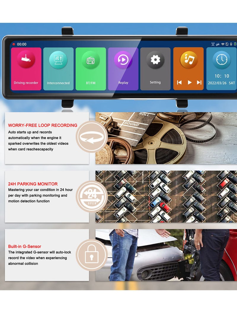 Generic - 3 Cameras Dash Cam 12in 2.5K Clear Car Rearview Mirror BT Car Video Recording Camcorder Touched Screen Car Camera Recorder Auto Driving Recorder - Image 1