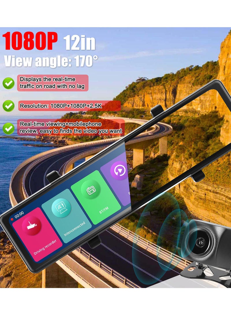 Generic - 3 Cameras Dash Cam 12in 2.5K Clear Car Rearview Mirror BT Car Video Recording Camcorder Touched Screen Car Camera Recorder Auto Driving Recorder - Image 1