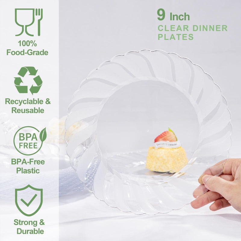 U-QE 100 Pieces Clear Plastic Plates - 9 Inch Clear Disposable Plates - Washable & Reusable - Premium Hard Plates - Party Supplies for Birthdays, Celebrations, Travel, Wedding, Party and Events - Image 3