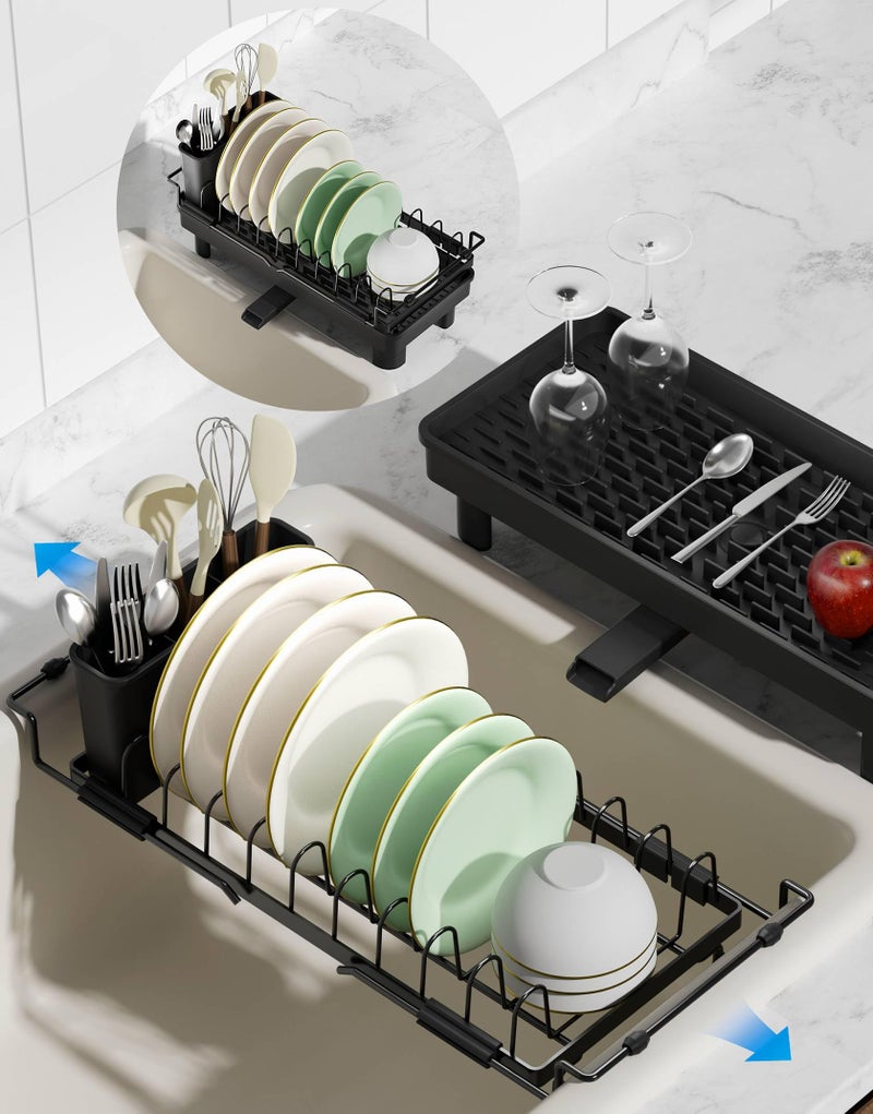 Nacial 2-in-1 Small Dish Drying Rack Fits 14''â€“21.8'' Sink, Dish Drainers for Kitchen Counter Extend Kitchen Sink Drain Basket with Utensil Holder & Auto-Drain Tray, Stainless Steel Plate Rack, Black - Image 1