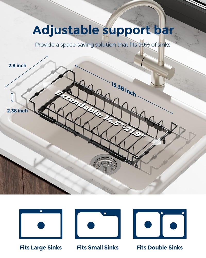 Nacial 2-in-1 Small Dish Drying Rack Fits 14''â€“21.8'' Sink, Dish Drainers for Kitchen Counter Extend Kitchen Sink Drain Basket with Utensil Holder & Auto-Drain Tray, Stainless Steel Plate Rack, Black - Image 3
