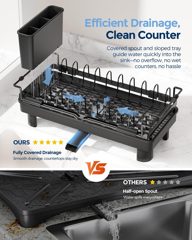 Nacial 2-in-1 Small Dish Drying Rack Fits 14''â€“21.8'' Sink, Dish Drainers for Kitchen Counter Extend Kitchen Sink Drain Basket with Utensil Holder & Auto-Drain Tray, Stainless Steel Plate Rack, Black - Image 5