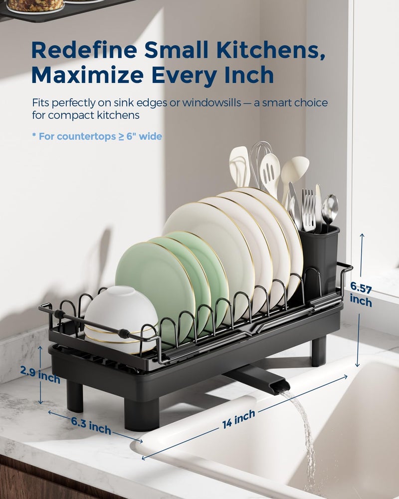Nacial 2-in-1 Small Dish Drying Rack Fits 14''â€“21.8'' Sink, Dish Drainers for Kitchen Counter Extend Kitchen Sink Drain Basket with Utensil Holder & Auto-Drain Tray, Stainless Steel Plate Rack, Black - Image 2