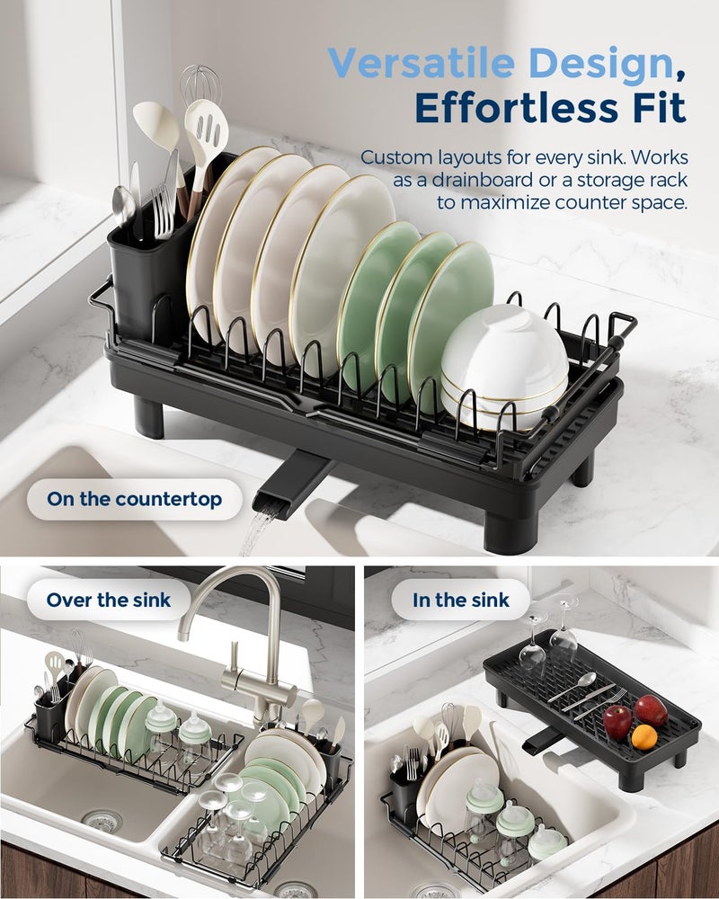 Nacial 2-in-1 Small Dish Drying Rack Fits 14''â€“21.8'' Sink, Dish Drainers for Kitchen Counter Extend Kitchen Sink Drain Basket with Utensil Holder & Auto-Drain Tray, Stainless Steel Plate Rack, Black - Image 4