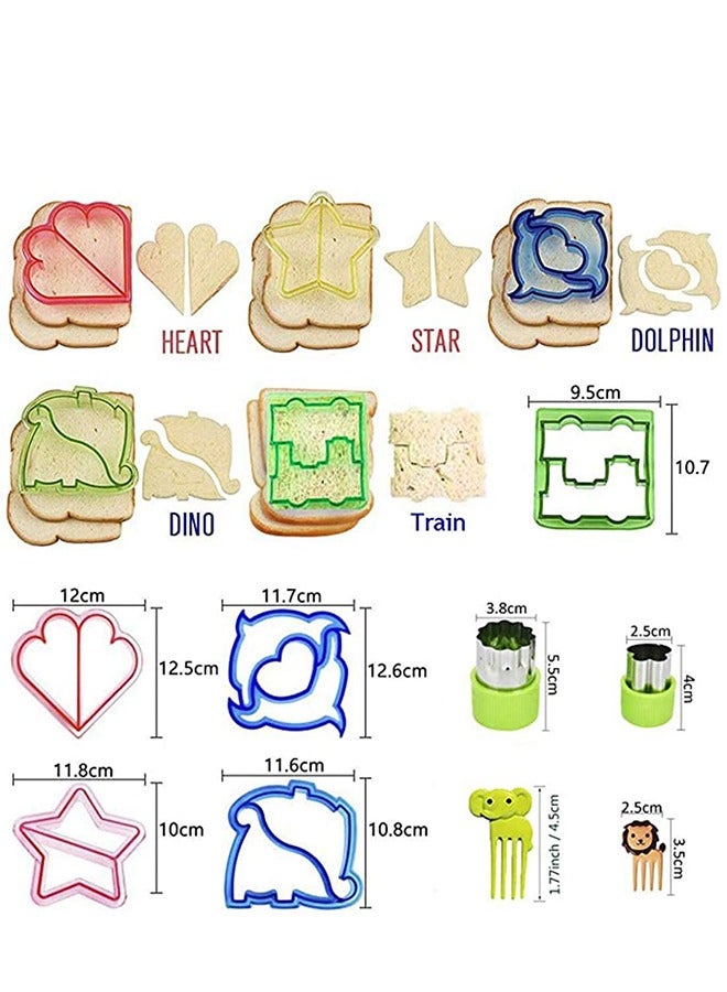 Sandwich Cutters Set, 23Pcs for Children Vegetables Fruits Cutter 5Pcs Sandwich Cutters Dinosaur Dolphin Train Stars Heart Shapes, 8Pcs Stainless Steel Cutters and 10Pcs Food Kid Fork - Image 4