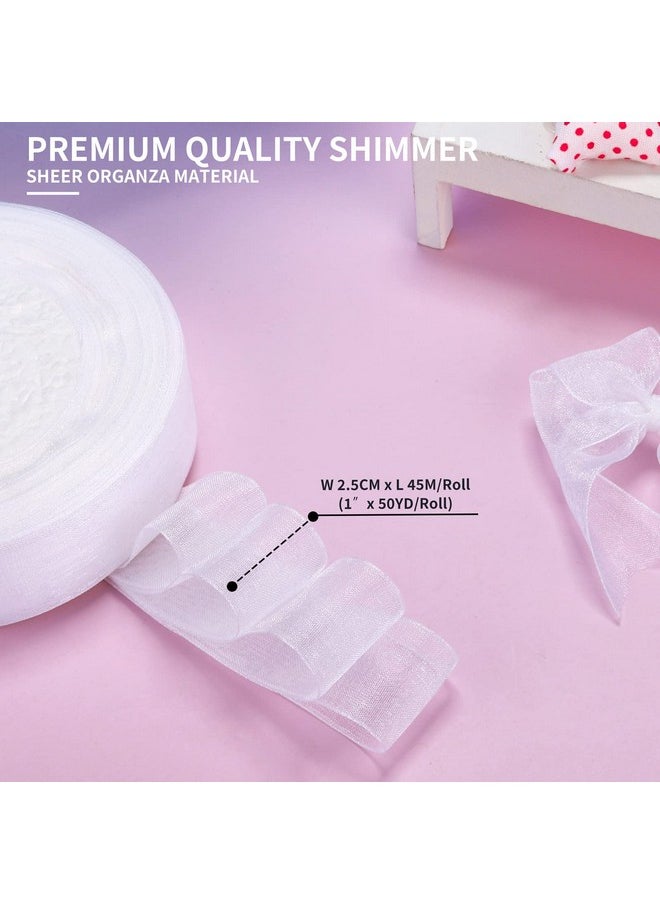 molshine - 50 Yards X 1 Inch Shimmer Sheer Organza Ribbon,Chiffon Fabric Ribbons For Bouquets Garland,Bowknot,Wedding,Gift Wrapping,Hair,Crafts,Decoration (White) - Image 1