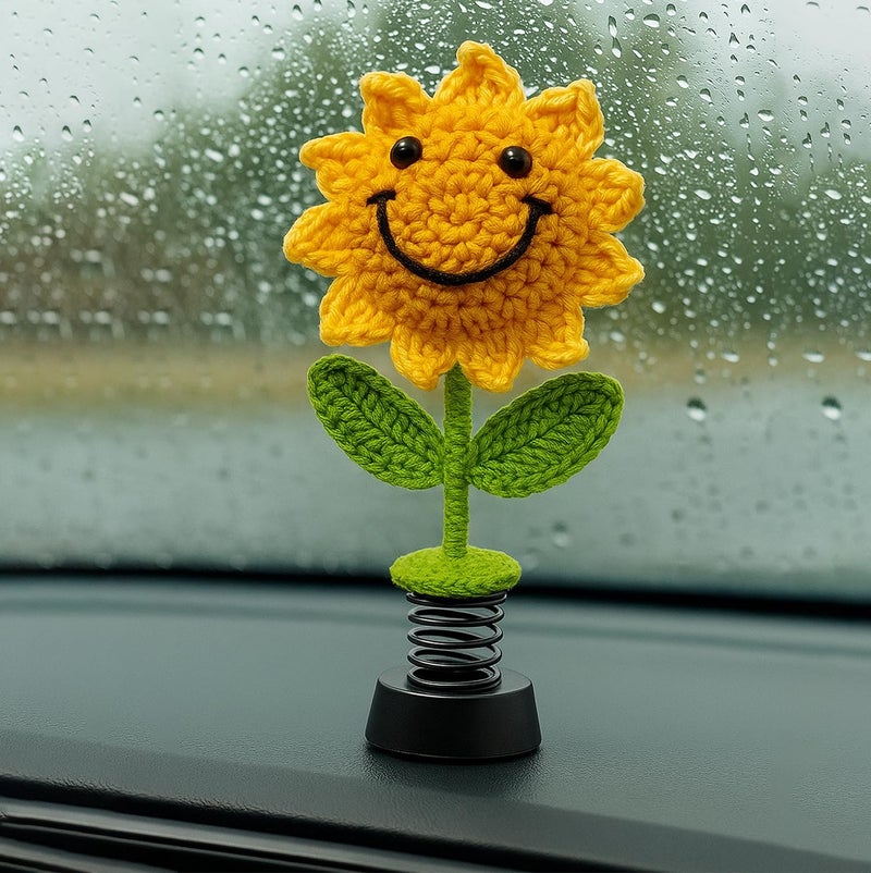 SYCAMORE EAST Handmade Crochet Sunflower Car Dashboard Decorations Gifts for Women, Cute Sun Flower Hippie Car Bobblehead Dashboard Decor, Smiley Face Mini Sunflower Spring Desk Decorations - Image 5