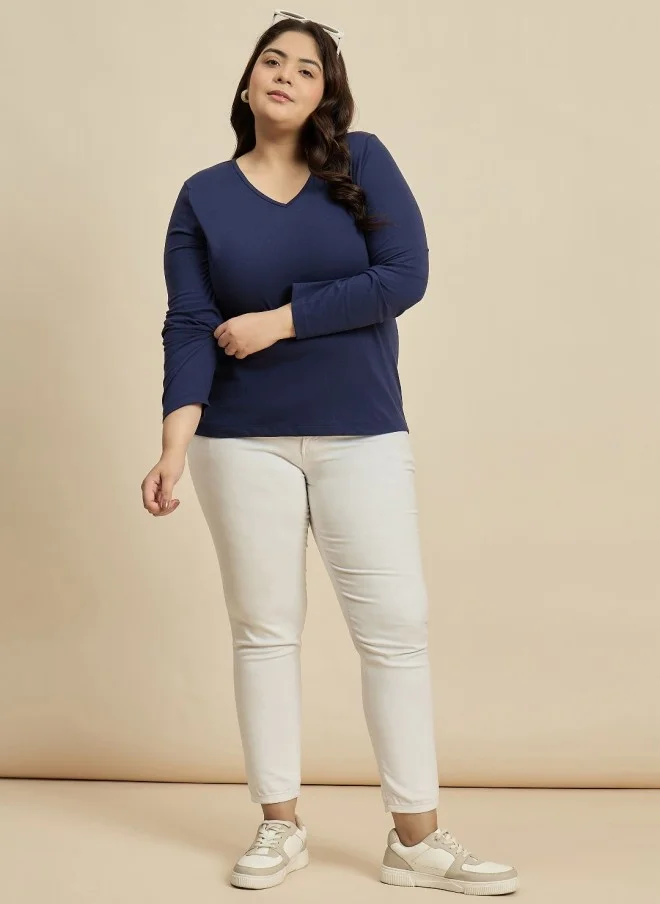 CURVY STREET Navy Blue V-Neck Cotton T-Shirt for Women