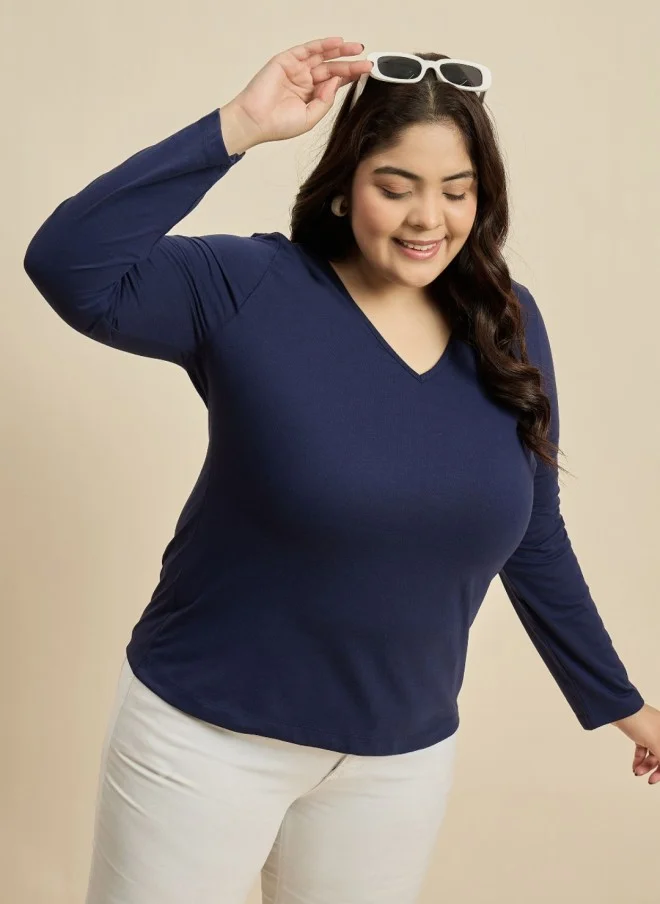 CURVY STREET Navy Blue V-Neck Cotton T-Shirt for Women
