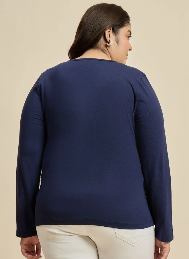 CURVY STREET Navy Blue V-Neck Cotton T-Shirt for Women