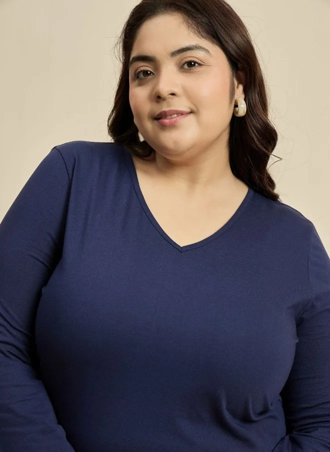 CURVY STREET Navy Blue V-Neck Cotton T-Shirt for Women