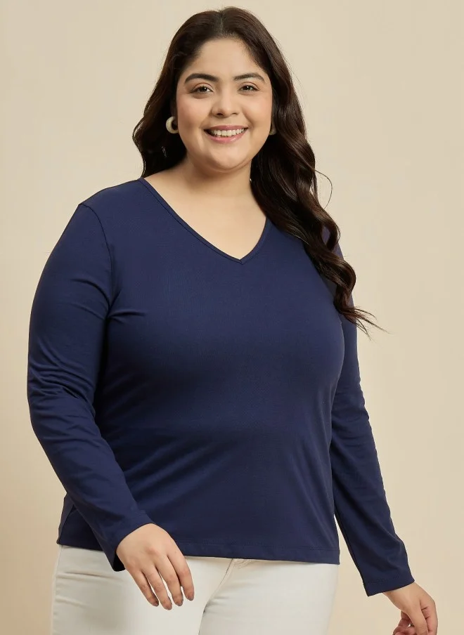 CURVY STREET Navy Blue V-Neck Cotton T-Shirt for Women
